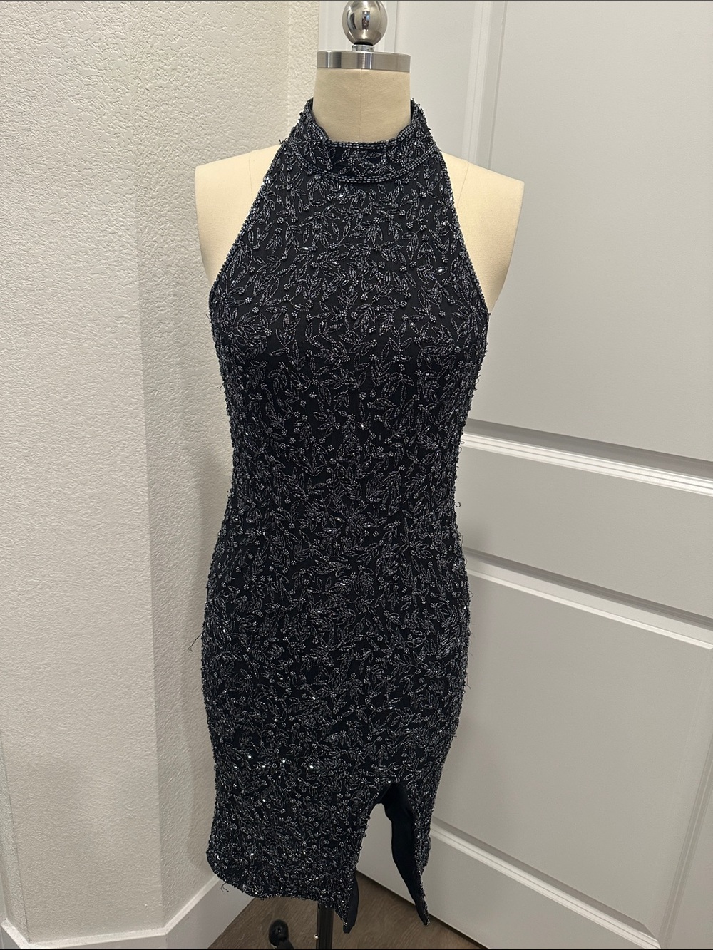 Black Embellished Halter Sheath Dress beaded y2k vintage 90s